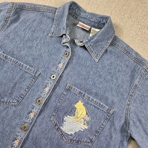 VTG Disney Store Winnie The Pooh Denim Shirt Women's Small Embroidered Button Up